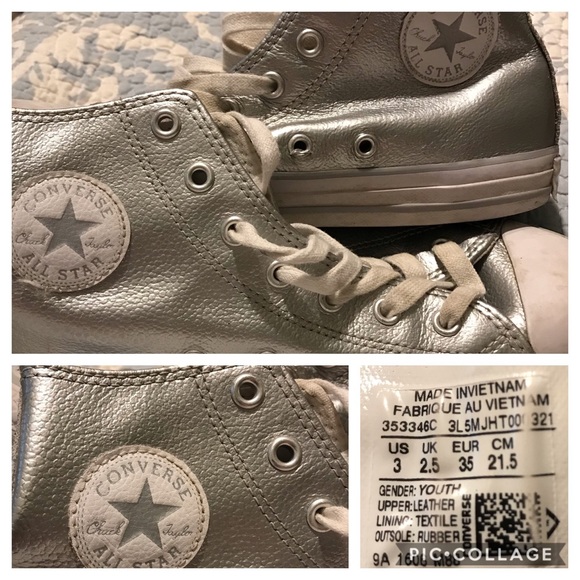 Converse High Tops Silver Leather 3 youth 5 Women - Picture 1 of 3
